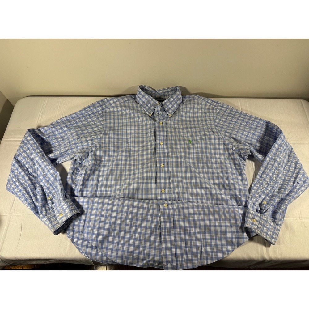 Polo Ralph Lauren Mens Blue White Plaid Classic Fit Button Down Shirt Large
